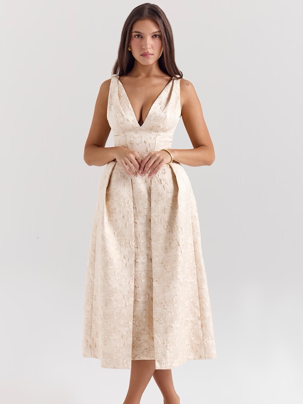 PALOMA Ivory Metallic Jacquard Midi Dress